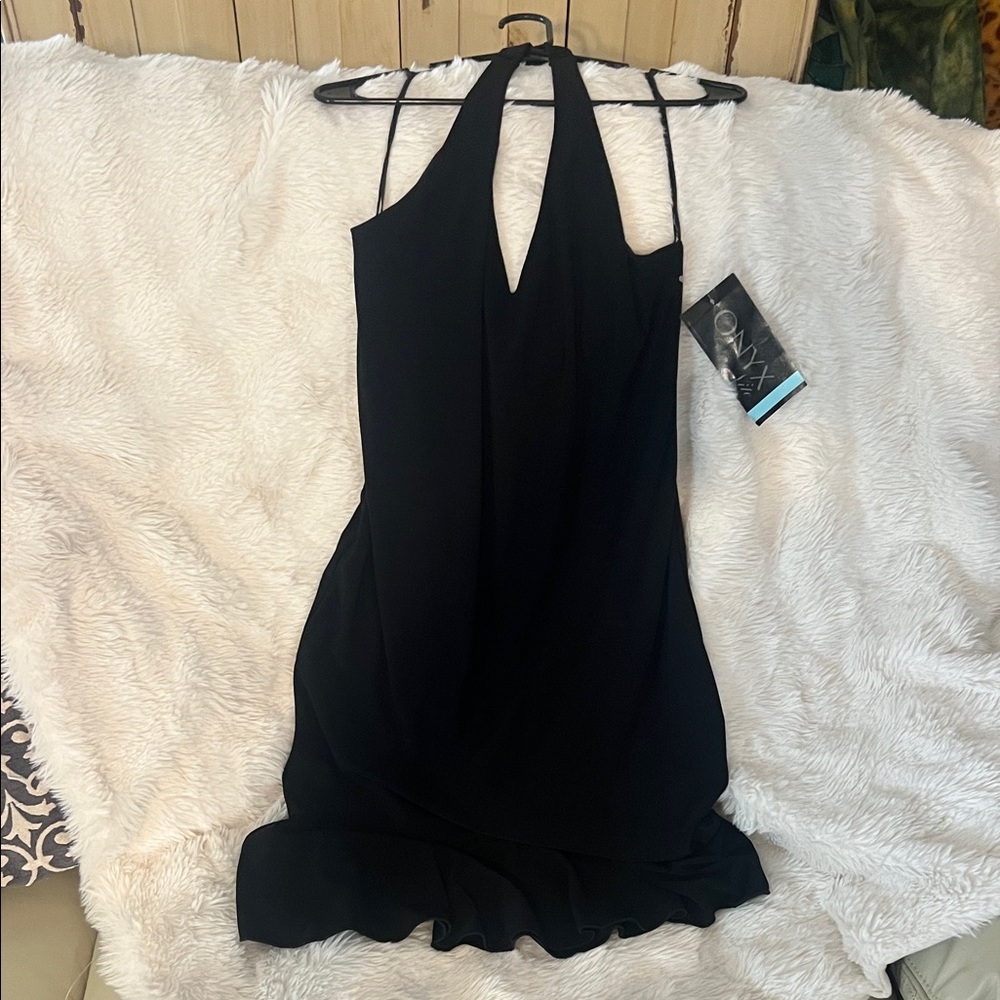 Onyx Nite Black Halter Mini Dress with Ruffle Hem